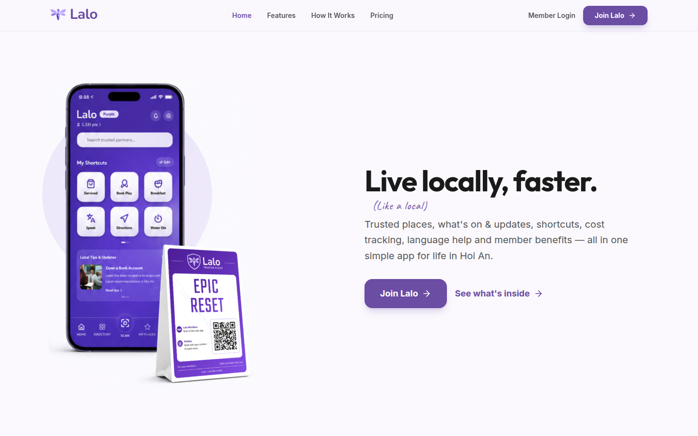 Lalo public homepage, showing Live locally, faster.